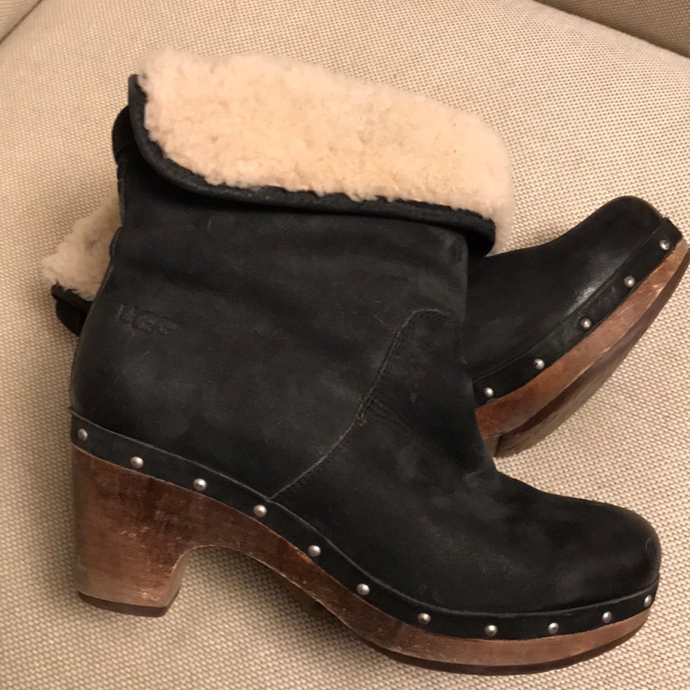 UGG Black Suede Shearling Clog-Style Ankle Boots